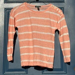 Ralph Lauren Women’s Shoulder Button Accent Coral and White Striped Blouse